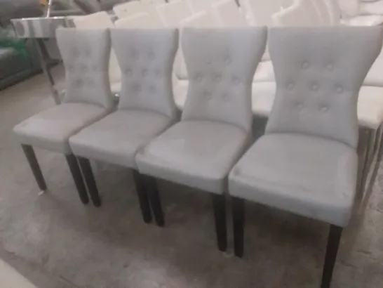 FOUR DESIGNER GREY FAUX LEATHER STUDDED DETAIL DINING CHAIRS WITH BLACK LEGS