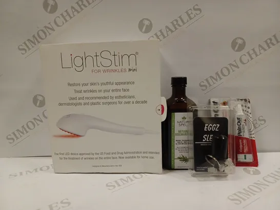 APPROXIMATELY 20 HEALTH AND BEAUTY PRODUCTS TO INCLUDE LIGHSTIM FOR WRINKLES MINI, ROSEMARY OIL. EGGZ EARPLUGS, COLGATE DENTAL PAIN RELIEF GEL ETC. 