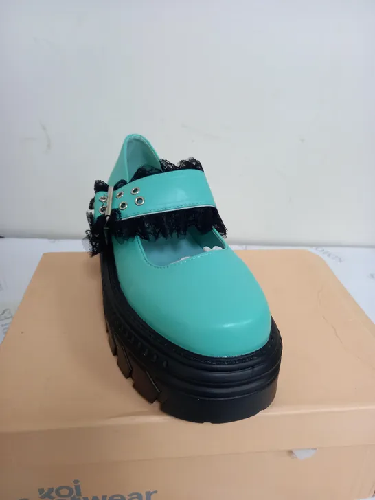 BRAND NEW BOXED PAIR OF KOI VEGAN LEATHER ROCOCO CORSAGE SHOES IN MINT GREEN UK SIZE 5