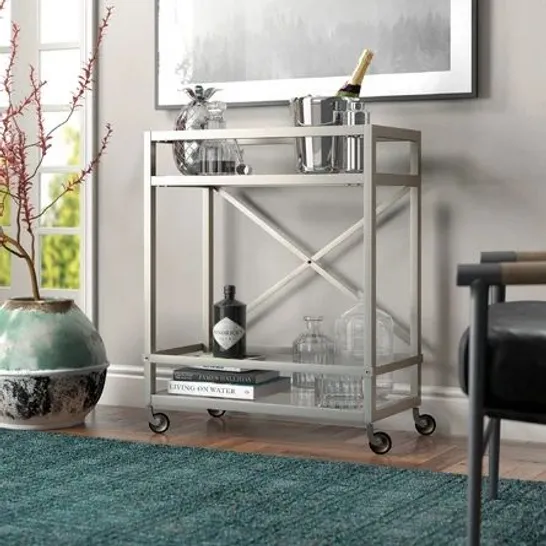 BOXED BAR CART WITH CLEAR GLASS SHELVES IN SATIN NICKEL FINISH 