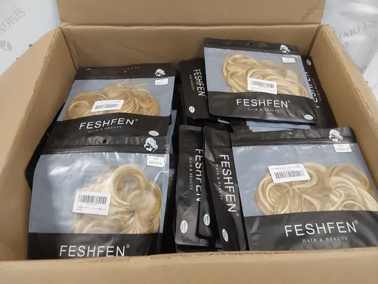 BOX CONTAINING APPROXIMATELY 100 FESHFEN BLONDE/BROWN HAIR BUN EXTENSIONS