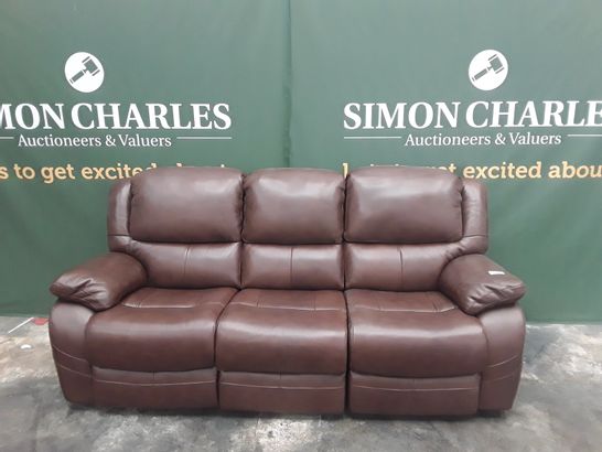 QUALITY BROWN FAUX LEATHER THREE SEATER MANUALLY RECLINING SOFA