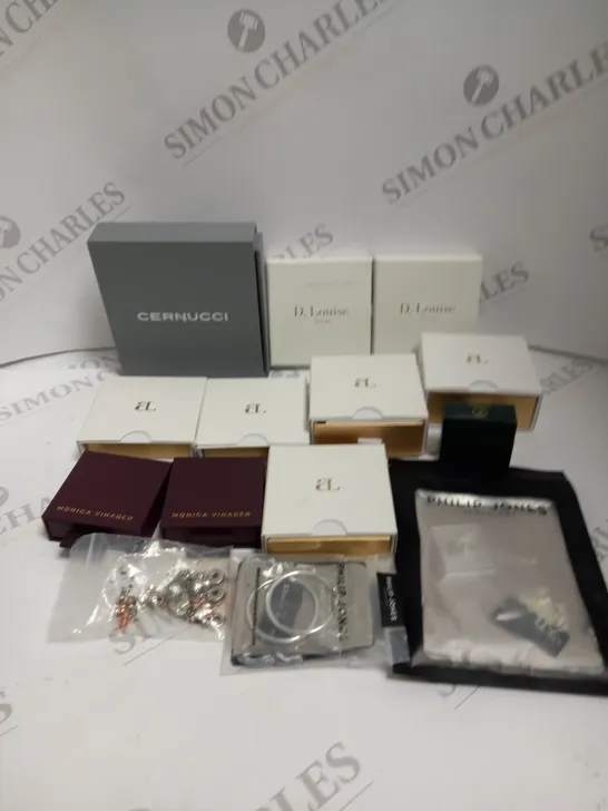 BOXED LOT TO CONTAIN APPROX. 20 X ASSORTED ITEMS OF JEWELLERY. BRANDS INCLUDE D.LOUISE, ABBOT LYON, PHILLIP JONES ETC 