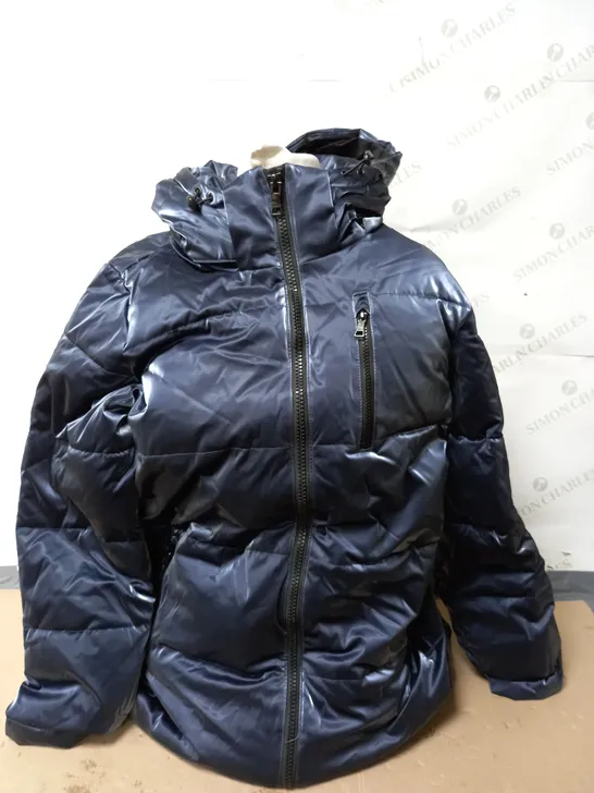 NUAGE LIQUID SHINE 3/4 COAT WITH SIDE ZIPPERS & HOOD BLUE LARGE