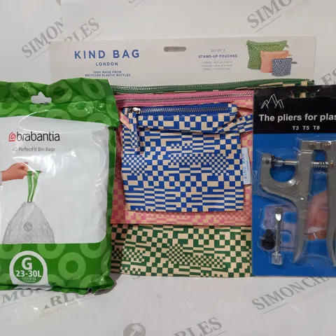 BOX OF APPROXIMATELY 20 ASSORTED HOUSEHOLD ITEMS TO INCLUDE THE PLIERS FOR PLASTICS, KIND BAG POUCHES, BRABANTIA BIN BAGS, ETC