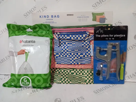 BOX OF APPROXIMATELY 20 ASSORTED HOUSEHOLD ITEMS TO INCLUDE THE PLIERS FOR PLASTICS, KIND BAG POUCHES, BRABANTIA BIN BAGS, ETC