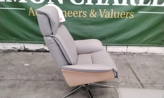 QUALITY BRITISH DESIGNER G PLAN MANUFACTURED MANUAL RECLINER CHAIR AND FOOTSTOOL - CAMBRIDGE GREY LEATHER 