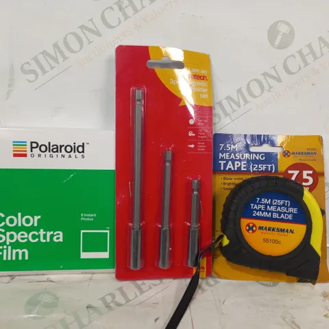 LOT OF APPROXIMATELY 15 ASSORTED HOUSEHOLD ITEMS TO INCLUDE MEASURING TAPE, 3PC MAGNETIC BIT HOLDER SET, POLAROID COLOR SPECTRA FILM, ETC