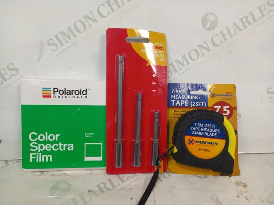 LOT OF APPROXIMATELY 15 ASSORTED HOUSEHOLD ITEMS TO INCLUDE MEASURING TAPE, 3PC MAGNETIC BIT HOLDER SET, POLAROID COLOR SPECTRA FILM, ETC