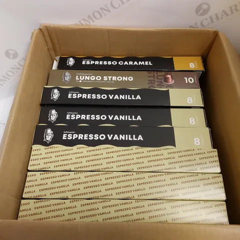 BOX OF APPROX 15 KAFFEKAPSLEN ESPRESSO PODS IN ASSORTED FLAVOURS