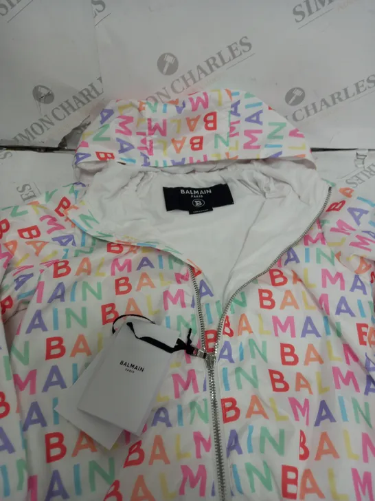 BALMAIN MULTICOLOURED LOGO PRINT JACKET - SIZE 6