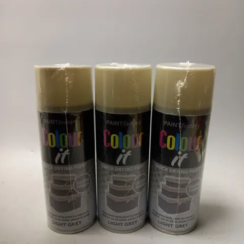 BOX OF APPROX 12 PAINT FACTORY COLOUR IT QUICK DRYING PAINT LIGHT GREY