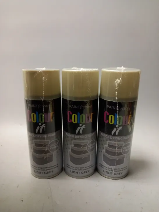 BOX OF APPROX 12 PAINT FACTORY COLOUR IT QUICK DRYING PAINT LIGHT GREY