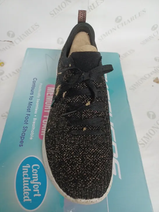 SKECHERS AIR COOLED TRAINERS BOXED, GOLD BLACK GLITTER SIZE 5