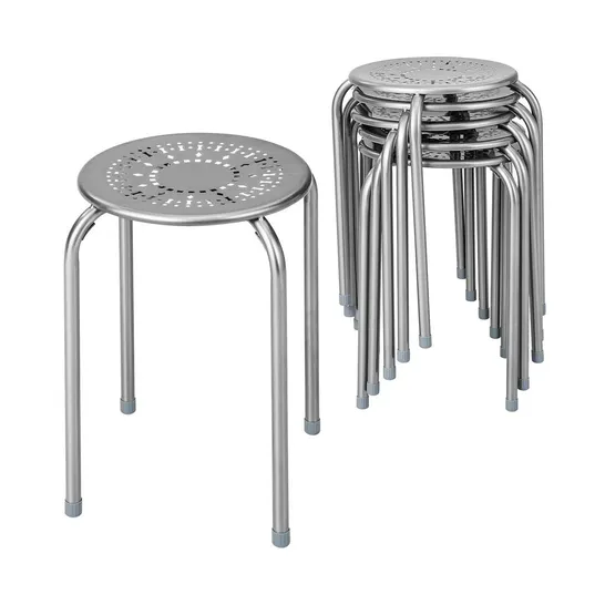 BOXED COSTWAY SET OF 6 GREY STACKABLE MULTIFUNCTIONAL DAISY DESIGN BACKLESS ROUND METAL STOOL SET (1 BOX)