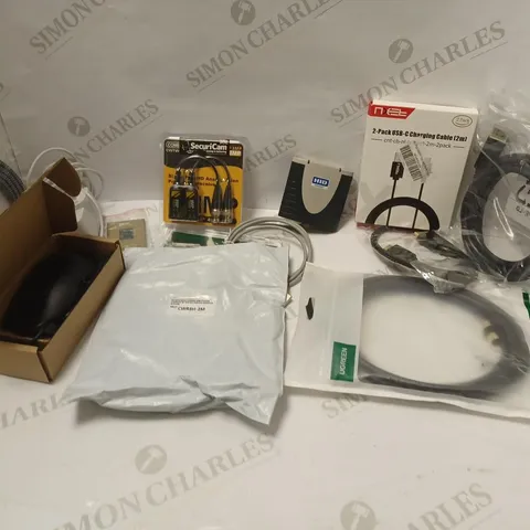 BOX OF APPROXIMATELY 15 ASSORTED ELECTRICALS & ELECTRICAL CABLES OF VARIOUS TYPES TO INCLUDE USB MOUSE, SINGLE PORT ANALOG VIDEO PASSIVE TRANSCEIVER, USB-C CHARGING CABLE, ETC