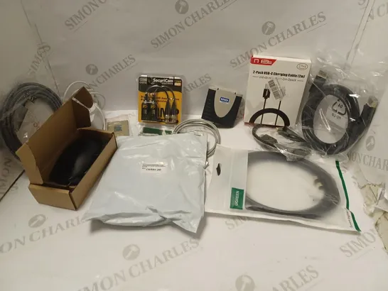 BOX OF APPROXIMATELY 15 ASSORTED ELECTRICALS & ELECTRICAL CABLES OF VARIOUS TYPES TO INCLUDE USB MOUSE, SINGLE PORT ANALOG VIDEO PASSIVE TRANSCEIVER, USB-C CHARGING CABLE, ETC