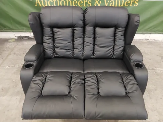 DESIGNER BLACK LEATHER 2-SEATER RECLINING SOFA WITH CUP HOLDERS 