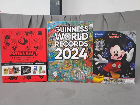 BOX OF APPROXIMATELY 10 ASSORTED BOOKS TO INCLUDE MINECRAFT THE ULTIMATE INVENTOR'S COLLECTION, GUINNESS WORLD RECORDS 2024, DISNEY JUNIOR MICKEY MY BUSY BOOKS, ETC