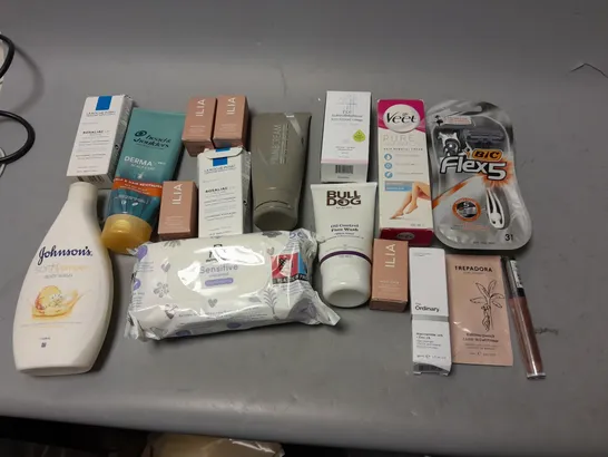 BOX OF APPROXIMATELY 15 COSMETIC ITEMS TO INCLUDE BULLDOG FACE WASH, BIC FLEX 5, AND VEET PURE INSPRIRATION ETC.