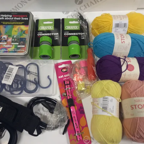 LOT OF ASSORTED HOUSEHOLD ITEMS TO INCLUDEDRAPER HOSE CONNECTORS, KNITTING YARN AND CONVERSATION CARDS