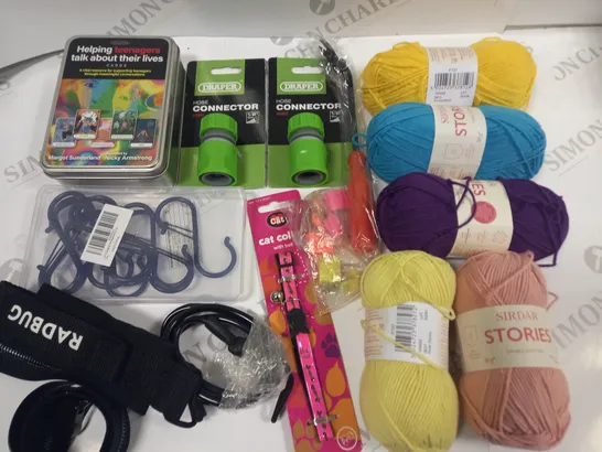 LOT OF ASSORTED HOUSEHOLD ITEMS TO INCLUDEDRAPER HOSE CONNECTORS, KNITTING YARN AND CONVERSATION CARDS