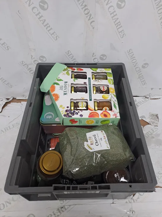 TOTE OF ASSORTED FOOD AND DRINK TOO INCLUDE HONEY , CHERVIL , COFFEE ETC 