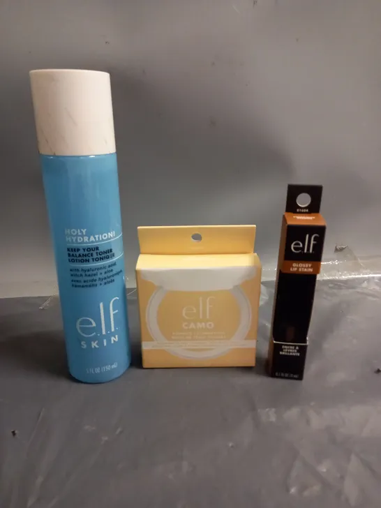 ELF LOT OF 3 ASSORTED COSMETIC PRODUCTS TO INCLUDE - CAMO POWDER FOUNDATION IN FAIR 140W - GLOSSY LIP STAIN CINNAMON DREAMZ - BALANCE TONER 