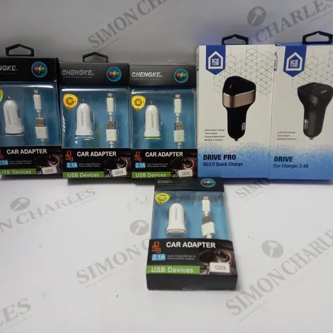 LOT OF APPROXIMATELY 6 CAR ADAPTERS OF 3 TYPES TO INCLUDE 1 ICECUBE DRIVE PRO QC3.0 QUICK CHARGE, 1 ICECUBE DRIVE CAR CHARGER 2.4A, 4 CHENGKE 2.1A CAR ADAPTERS (G03)