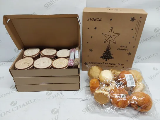 BOX OF BRAND NEW ASSORTED DECORATIONS INCLUDING APPROXIMATELY; 3X 36PCS ROUND WOOD CHIPS WITH HOLES AND COLOURED STRING, 1X STOBOK GOLD CHRISTMAS TREE STAR, 1X 12PCS ARTIFICIAL PUMPKINS.