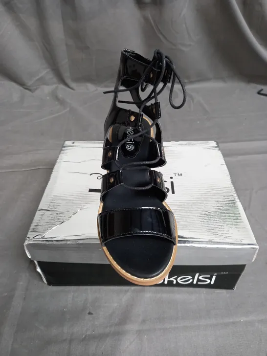 BOX OF APPROXIMATELY 12 PAIRS OF KELSI STRAP HEELED SANDALS IN BLACK  - VARIOUS SIZES