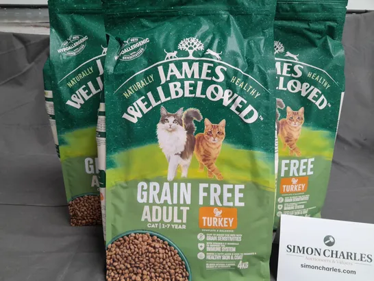 LOT OF 3 4KG PACKS OF JAMES WELL-BELOVED GRAIN FREE ADULT CAT FOOD - TURKEY