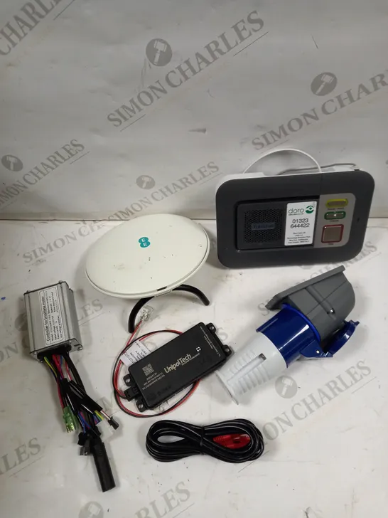 BOX OF APPROXIMATELY 20 ASSORTED ELECTRICAL ITEMS TO INCLUDE POWERS SUPPLIES, EE WIFI DISK, TUNSTALL COMMUNICATION UNIT ETC