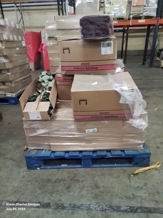 PALLET CONTAINING 4 BOXES OF X4 PLAIN EYELET CURTAINS, APPROXIMATELY 15 BOXES OF FAUX EUCALYPTUS PLANTS