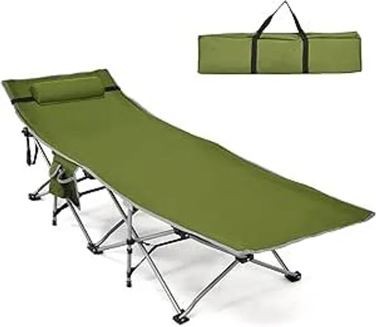 BOXED COSTWAY FOLDING CAMPING COT WITH DETACHABLE HEADREST AND SIDE POCKET - GREEN