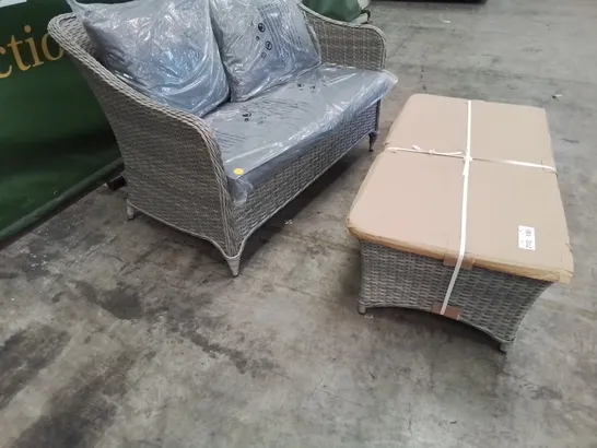 DESIGNER GREY RATTAN COFFEE SET OF TWO SEATER SOFA WITH CUSHIONS & GLASS TOP COFFEE TABLE 