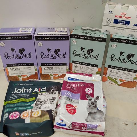 ASSORTED CANINE FOOD & SUPPLIMENTS INCLUDING 4 POOCH & MUTT 12 × 375G COMPLETE WET FOOD, HILLS PRESCRIPTION 1.5Kg DIGESTIVE DARE, 2Kg JOINT AID & 3 × 200ml ROYAL CANIN RENAL LIQUID