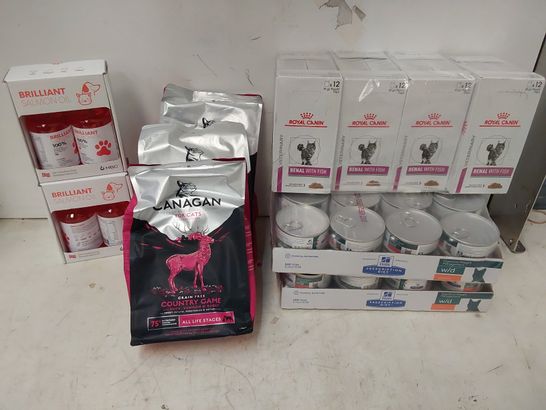 ASSORTED CAT FOOD INCLUDING 2 TRAYS OF 12 HILLS PRESCRIPTION DIET. 3 × CANAGAN GRAIN FREE CAT FOOD, 4 × 12 POUCHES ROYAL CANIN RENAL WITH FISH & 2 × 2 BRILLIANT SALMON OIL