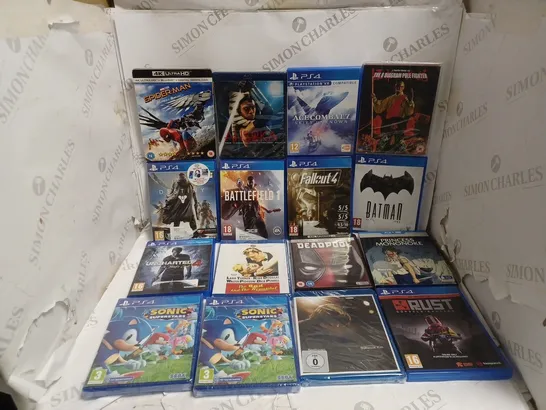 APPROXIMATELY 24 GAMES AND DVDS TO INCLUDE FALLOUT 4 (PS4), DEADPOOL, SPIDERMAN HOMECOMING, ETC