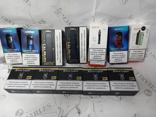 BOX OF APPROX 12 ASSORTED E-CIGARETTES TO INCLUDE - UWELL CALIBURN - VOOPOO VINCI 3 - HORIZON TECH 