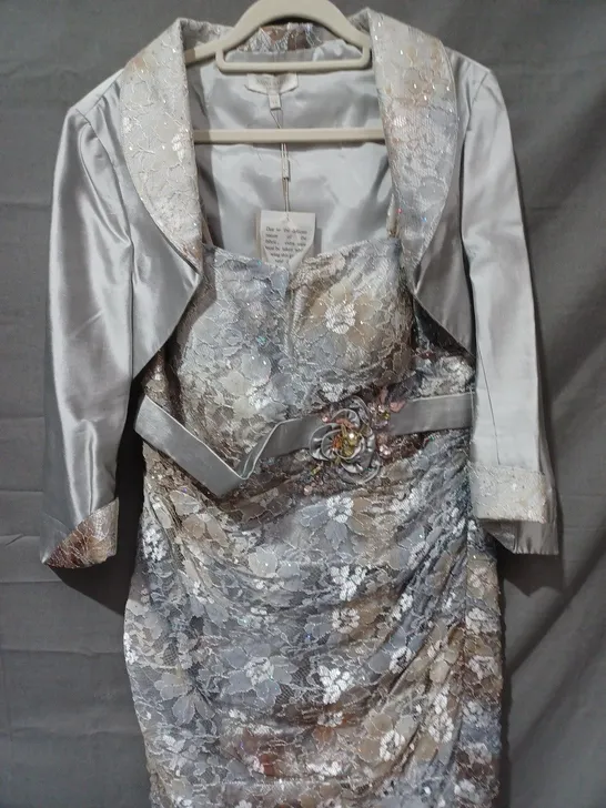 JOHN CHARLES TWO PIECE FLORAL JACKET & DRESS IN SILVER MULTI - SIZE 14