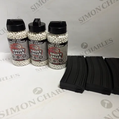 LOT OF 3 TUBS OF ANGRY BALLS AIRSOFT BB PELLETS (2000 PER TUB), 3 MAGAZINES FOR AIRSOFT WEAPONS