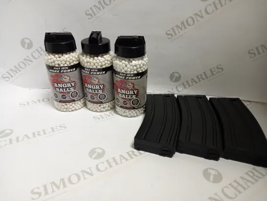 LOT OF 3 TUBS OF ANGRY BALLS AIRSOFT BB PELLETS (2000 PER TUB), 3 MAGAZINES FOR AIRSOFT WEAPONS