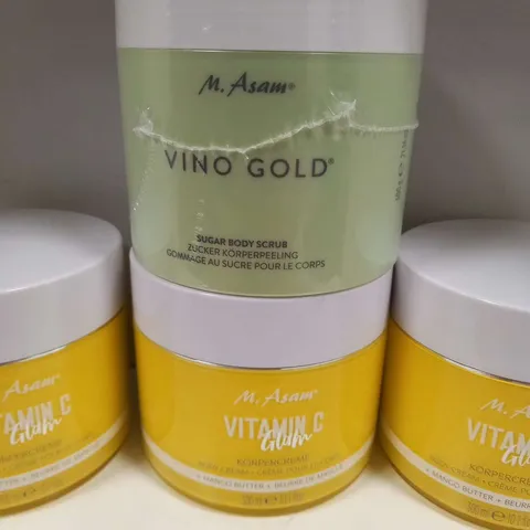 FOUR ASSORTED MR ASAM PRODUCTS TO INCLUDE; VINO GOLD AND VITAMIN C GLAM BODY CREAM