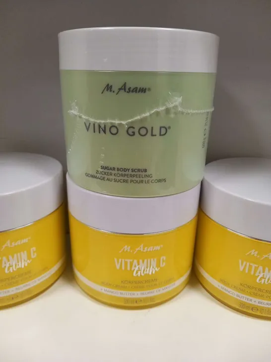 FOUR ASSORTED MR ASAM PRODUCTS TO INCLUDE; VINO GOLD AND VITAMIN C GLAM BODY CREAM