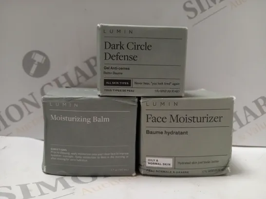 BOX OF 3 ASSORTED LUMIN PRODUCTS TO INCLUDE MOISTURIZING BALM, DARK CIRCLE DEFENSE, FACE MOISTURIZER 