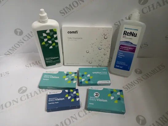 BOX OF APPROX 15 ASSORTED CONTACT LENSES ITEMS INCLUDING RENU MULTI PURPOSE SOLUTION, SPECSAVERS EASYVISION LENSES AND COMFI DAILY DISPOSABLE LENSES