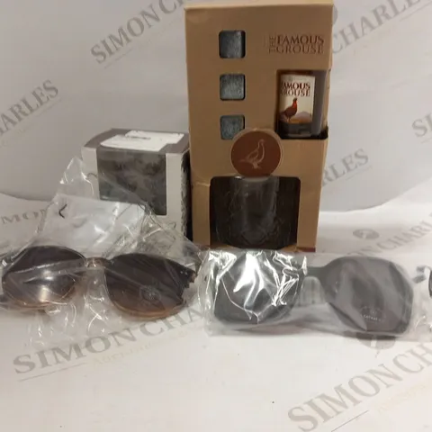 APPROXIMATELY 7 ASSORTED PROIDUCTS TO INCLUDE; SUNGLASSES, THE FAMOUS GROUSE GIFT SET AND SWAROVSKI PERSONALISED ROSE