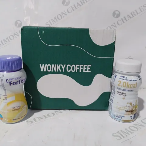 APPROXIMATELY 5 ASSORTED FOOD & DRINK ITEMS TO INCLUDE WONKY COFFEE MIXED PACK OF COFFEE PODS, NUTRICIA FORTISIP DRINK (200ML), ETC