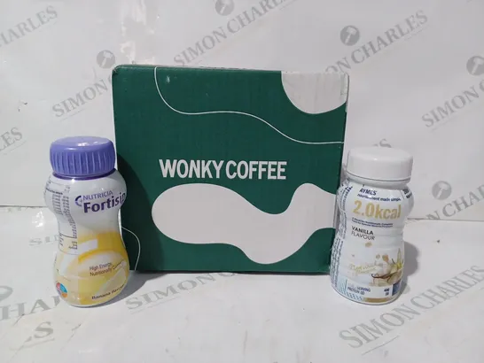 APPROXIMATELY 5 ASSORTED FOOD & DRINK ITEMS TO INCLUDE WONKY COFFEE MIXED PACK OF COFFEE PODS, NUTRICIA FORTISIP DRINK (200ML), ETC